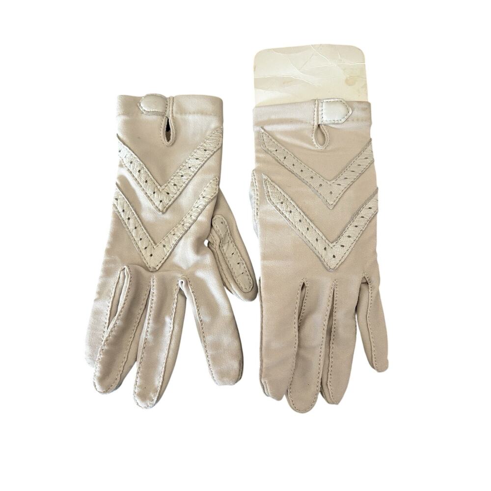 Vintage Isotoner Bone one size gloves leather trimmed stretch Driving Gloves